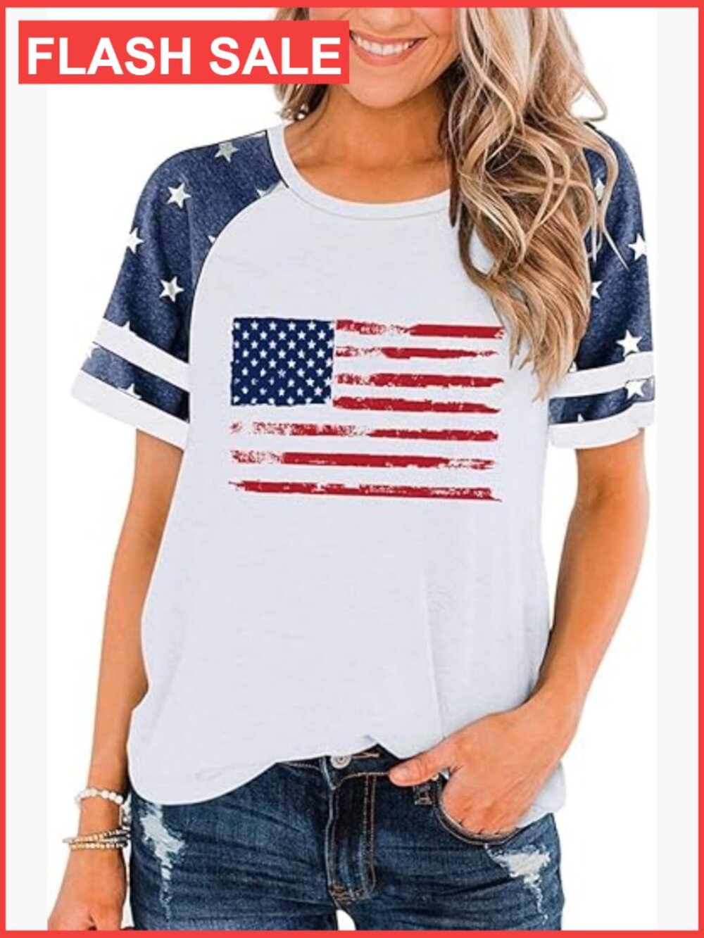 Patriotic American Flag Raglan Tee Women July 4th
